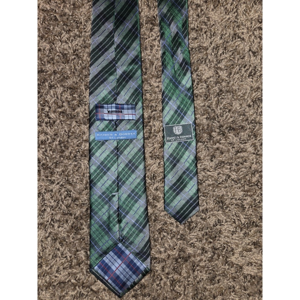 Haines & Bonner Of London Men 100% Silk Tie Necktie London Green Plaid "57 X 3"
